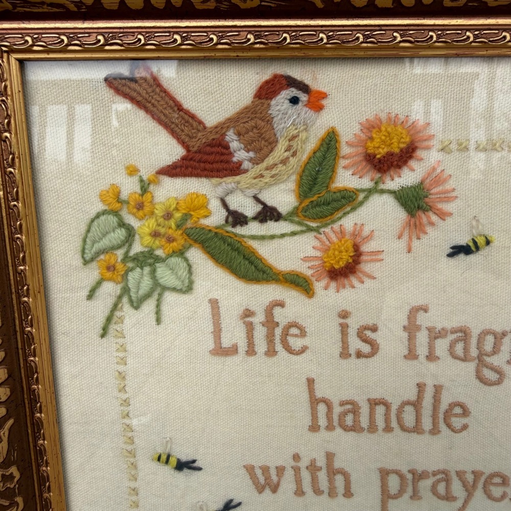 VTG Crewel Finished Embroidery Creative Circle 1004 Life Is Fragile Framed 12x15 - Picture 3 of 8